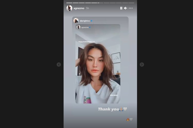 Penyanyi Agnez Mo berinteraksi dengan bintang asal Thailand Bright Vachirawit yang berulang tahun. Mereka saling memberi emoji hati putih.