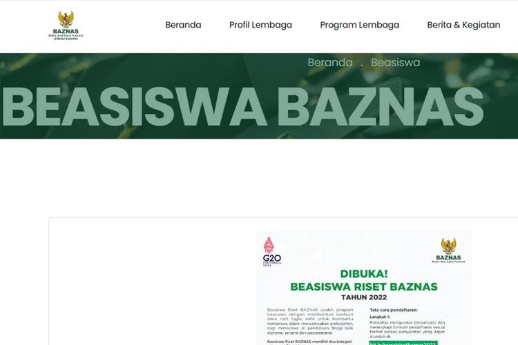 Tangkapan layar laman beasiswa riset BAZNAS