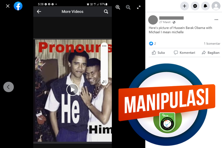 Tangkapan layar konten manipulasi di sebuah akun Facebook, 27 Maret 2023, menampilkan foto Michelle Obama yang telah diedit menyerupai laki-laki. 