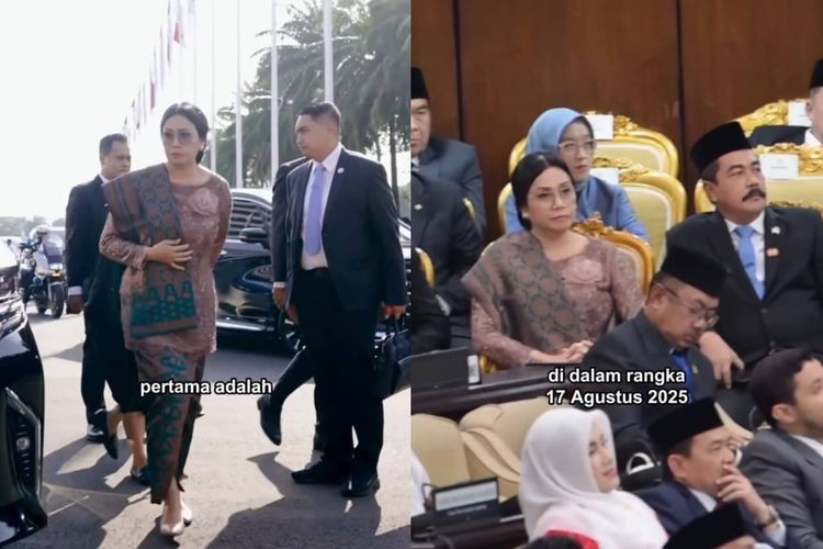 Menteri Keuangan Sri Mulyani tampil anggun menggunakan kebaya ungu saat menghadiri Sidang Tahunan MPR dan Sidang Bersama DPR-DPD di Gedung MPR/DPR/DPD RI, Jakarta, Jumat (15/8/2025).