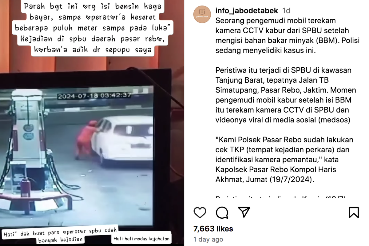 Video petugas terseret mengejar mobil yang kabur usai isi bahan bakar di SPBU