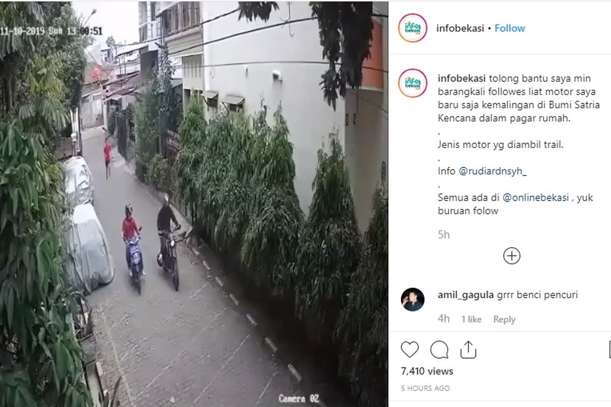 Kamera CCTV merekam aksi pencurian motor trail di Bekasi (Instagram Info Bekasi)