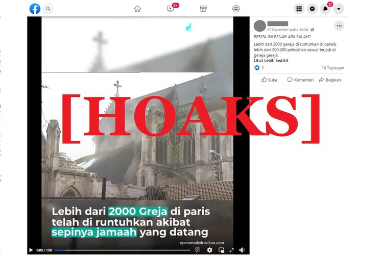 Video hoaks yang menyebut 2.000 gereja di Paris diruntuhkan, yang beredar di Facebook.