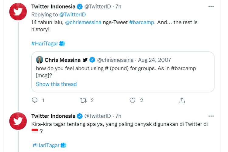 Twitter merayakan Hashtag Day. Hashtag atau tagar pertama kali diusulkan seorang pengguna, Chris Messina pada 2007.