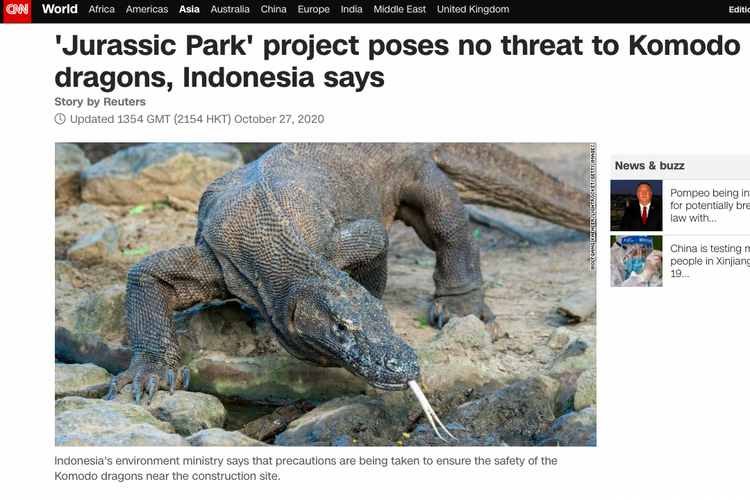 Tangkapan layar berita Jurassic Park komodo di laman media asing CNN