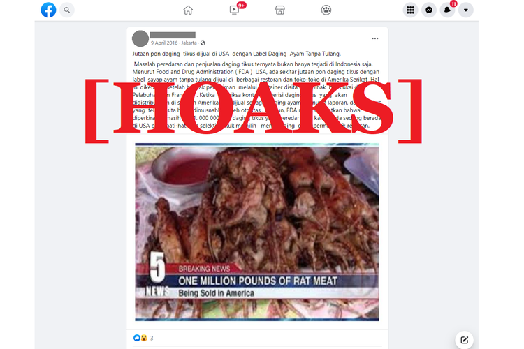 Tangkapan layar unggahan hoaks di sebuah akun Facebook,  tentang peredaran daging tikus yang dijual sebagai daging ayam di AS