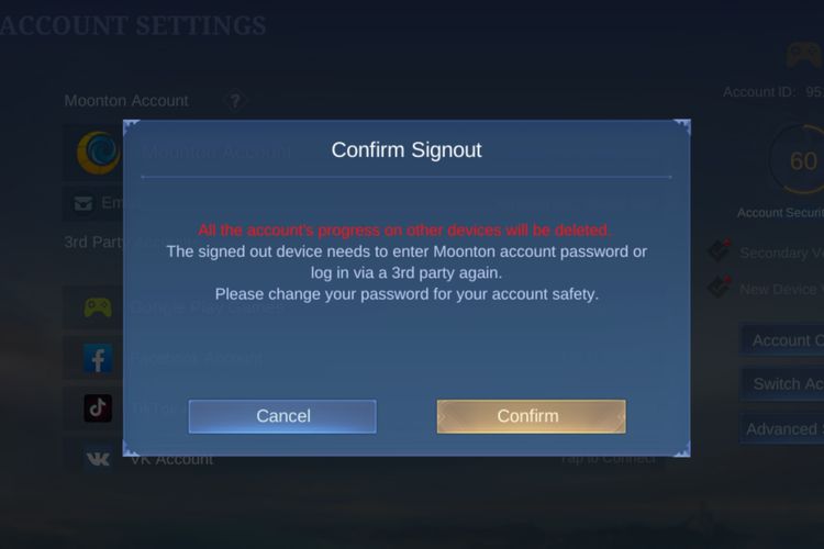 Notifikasi yang muncul apabila pemain hendak log-out akun di game Mobile Legends:Bang-Bang.