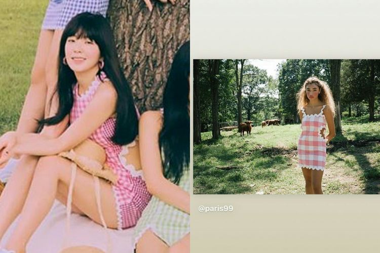 Busana Red Velvet dalam video musik Umpah Umpah yang diduga hasil plagiat dari produk pakaian Paris 99.