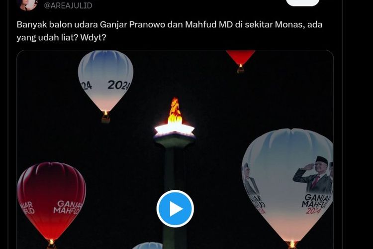 Tangkapan layar video yang menampilkan balon udara bergambar Ganjar Pranowo dan Mahfud MD di Monas beredar di media sosial.