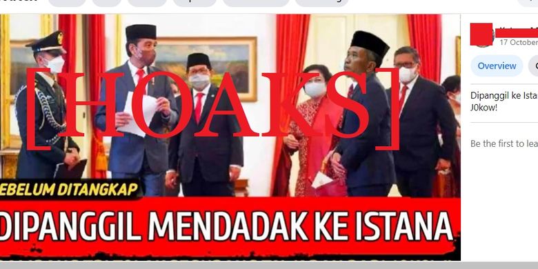 Tangkapan layar Facebook narasi yang menyebut bahwa Bambang Tri dipanggil ke Istana Kepresidenan
