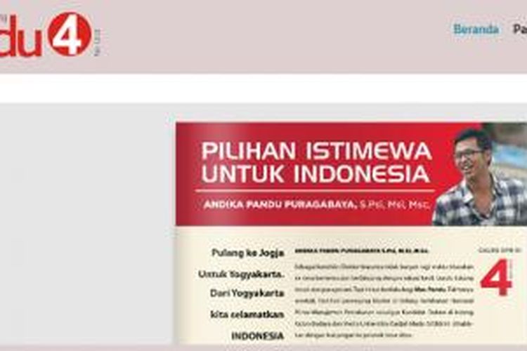 Laman situs pribadi Pandu sebagai calon legislatif dari Partai Gerindra.