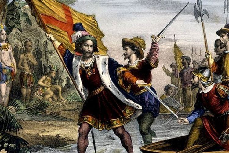 Lukisan yang menggambarkan kedatangan Christopher Columbus di Karibia, dibuat pada 1753.