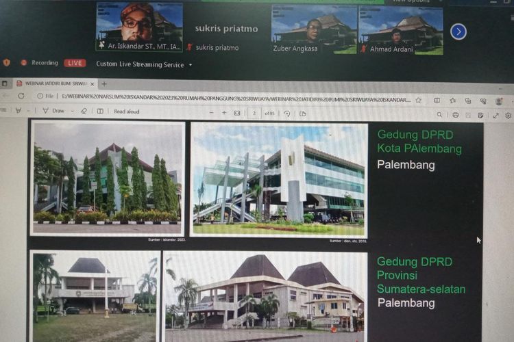 Seminar virtual Arsitektur Rumah Panggung Bumi Sriwijaya diselenggarakan oleh Ikatan Arsitek Indonesia (IAI) Sumatera Selatan bersama Majalah Asrinesia dan Kenari Djaja, Kamis (20/7/2023). 
