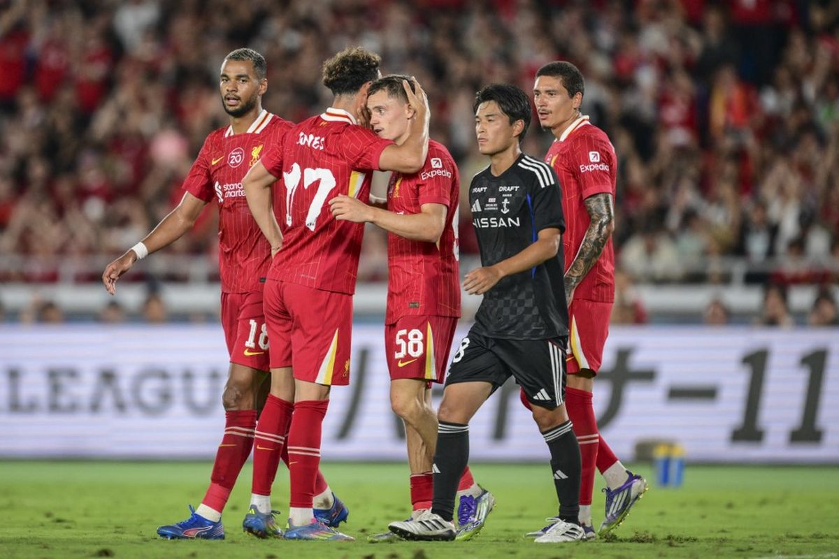 Florian Wirtz merayakan gol ke gawang Yokohama F Marinos. Liverpool sukses meraih kemenangan atas klub asal Jepang, Yokohama F. Marinos dengan skor 3-1 dalam pertandingan pramusim yang digelar di Nissan Stadium, Yokohama pada Rabu (30/7).