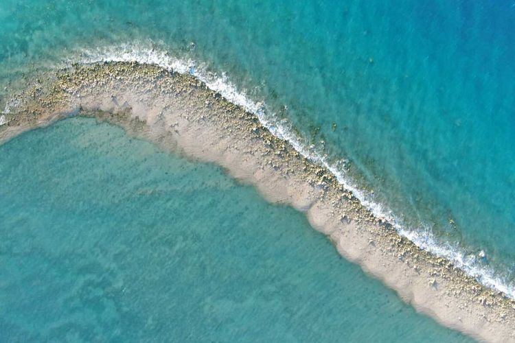 PHOTO:Terumbu karang yang rusak di Taman Nasional Perairan Laut Sawu di NTT yang rusak, membentuk gundukan memanjang sejajar garis pantai