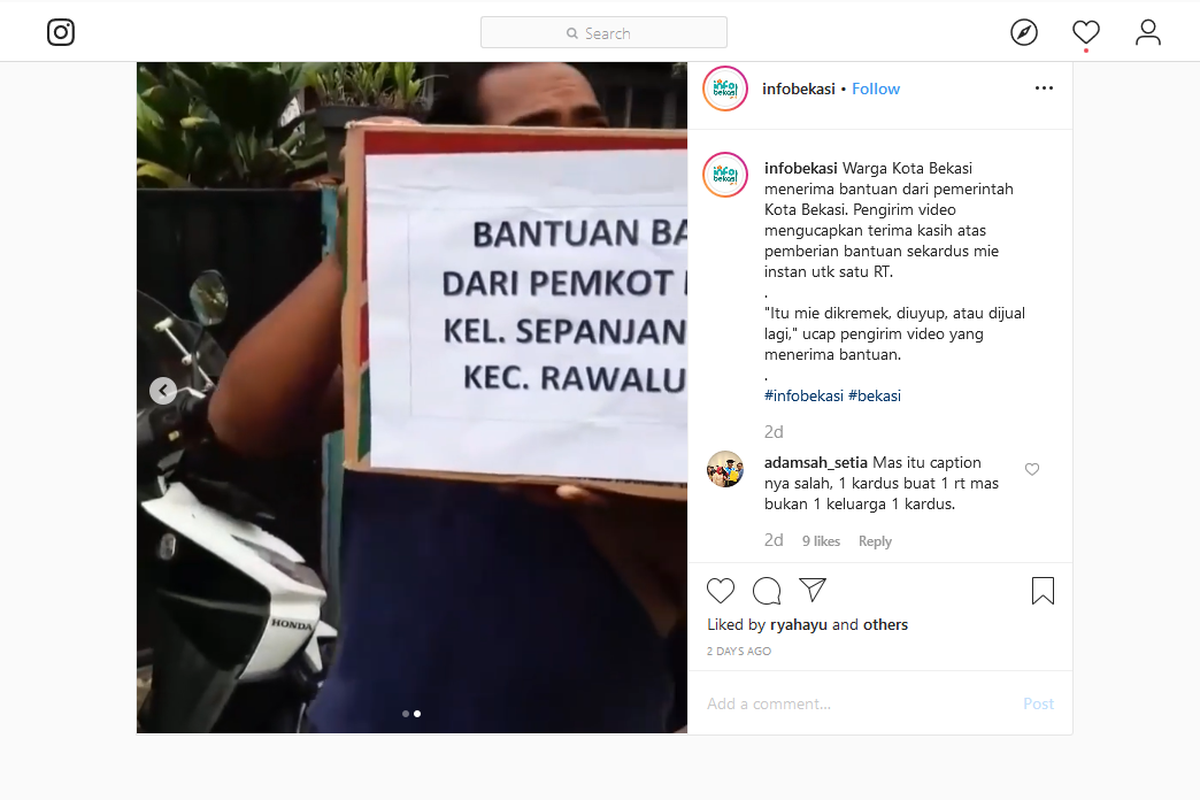 Video viral warga Bekasi yang mengaku mendapatkan bantuan satu dus mi instan untuk satu RT saat banjir. 