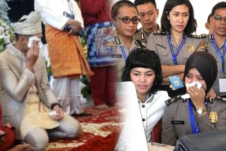 Kolase momen pernikahan dua polisi. Briptu Andik (kiri) mengucapkan ijab kabul di Pontianak, Kalimantan Barat, sedangkan mempelai wanita, Briptu Nova (kanan), sedang berada di Cikeas, Jawa Barat, karena harus mengikuti seleksi menjadi polisi PBB.