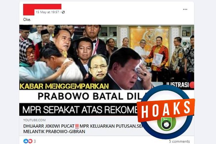 Tangkapan layar Facebook narasi yang mengeklaim Prabowo-Giran batal sebagai capres dan cawapres oleh MPR