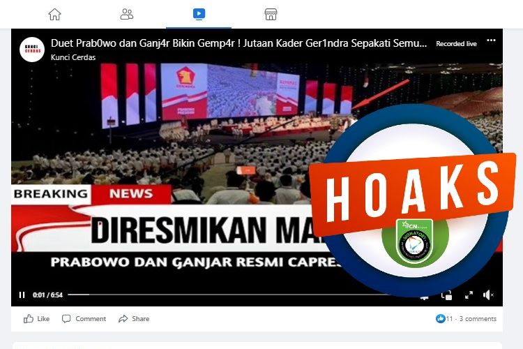 Tangkapan layar Facebook narasi yang menyebut bahwa Ganjar Pranowo dan Prabowo Subianto resmi menjadi pasangan capres-cawapres