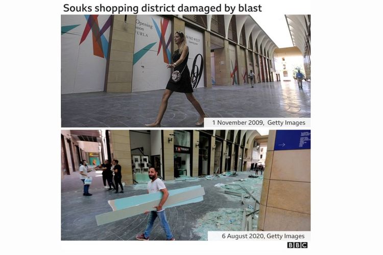Distrik perbelanjaan Souks sebelum dan sesudah ledakan.