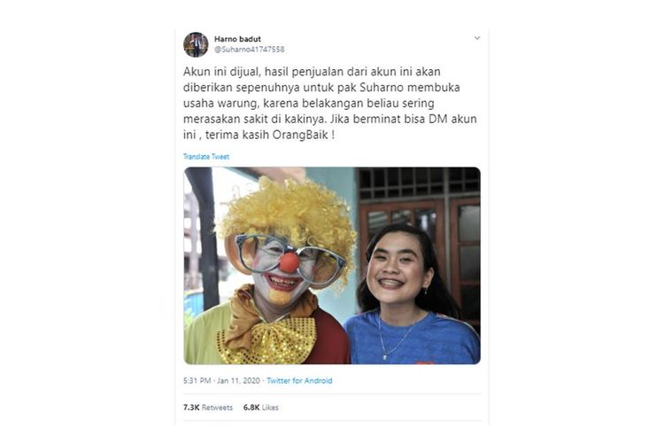 Twitter Pak Harno alias Suharno si badut ultah dijual. Hasil penjualan akun akan digunakan untuk modal usaha.