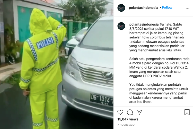 Beredar video di media sosial, seorang pria yang melawan petugas polantas saat sedang menertibkan parkir liar yang menghambat arus lalu lintas. Kejadian tersebut terjadi di Ternate, Sabtu (8/5/2021)