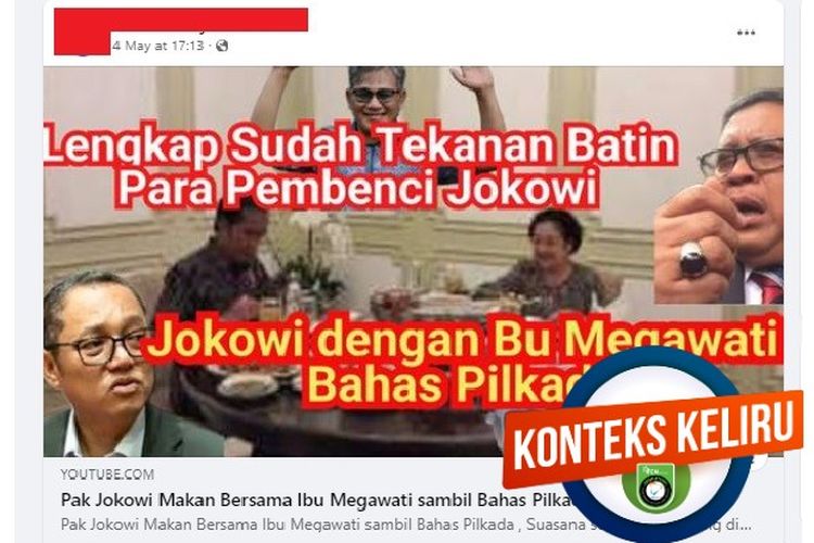 Tangkapan layar Facebook video yang mengeklaim Jokowi dan Megawati makan bersama sambil membahas Pilkada