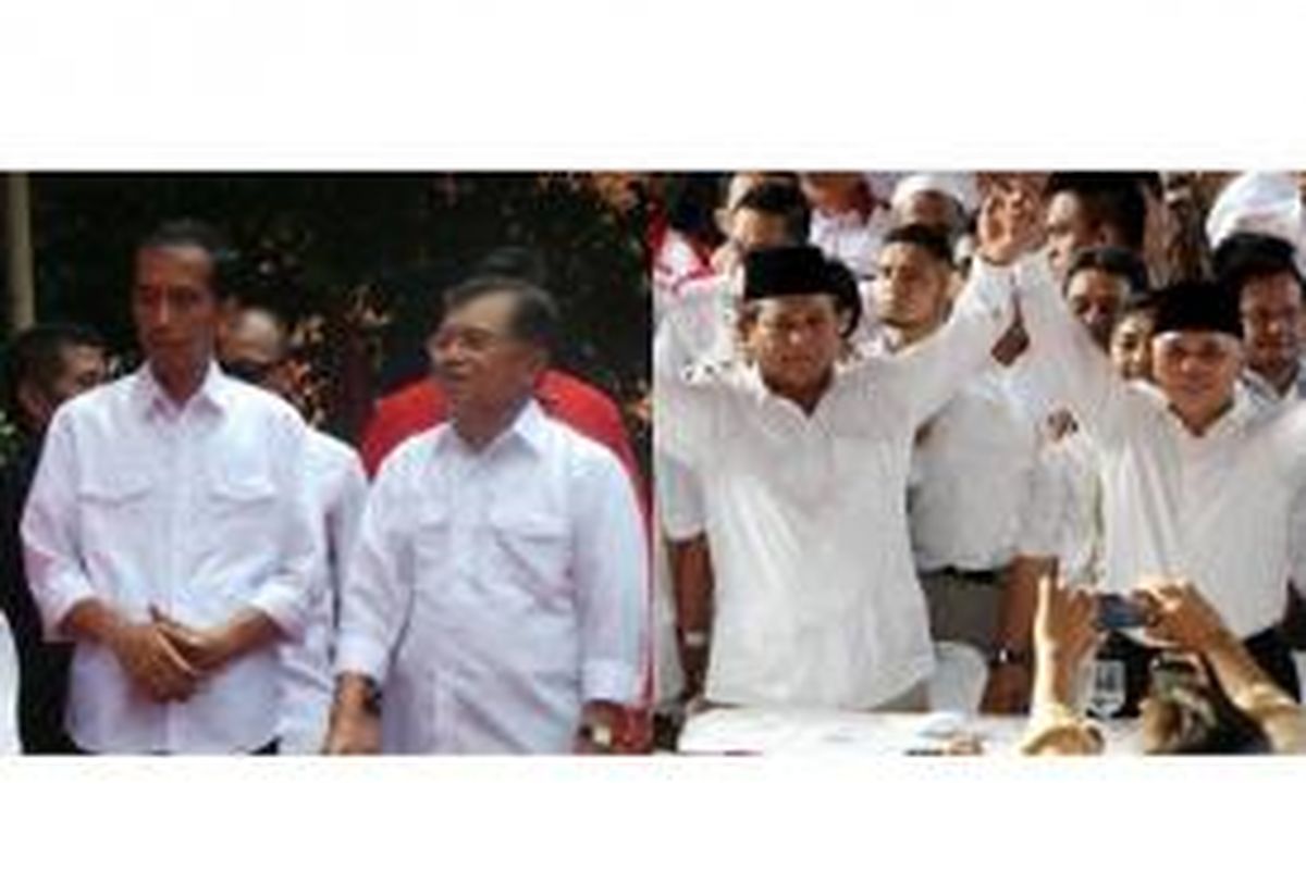 Joko Widodo dan Jusuf Kalla (kiri) dan Prabowo Subianto-Hatta Rajasa (kanan)