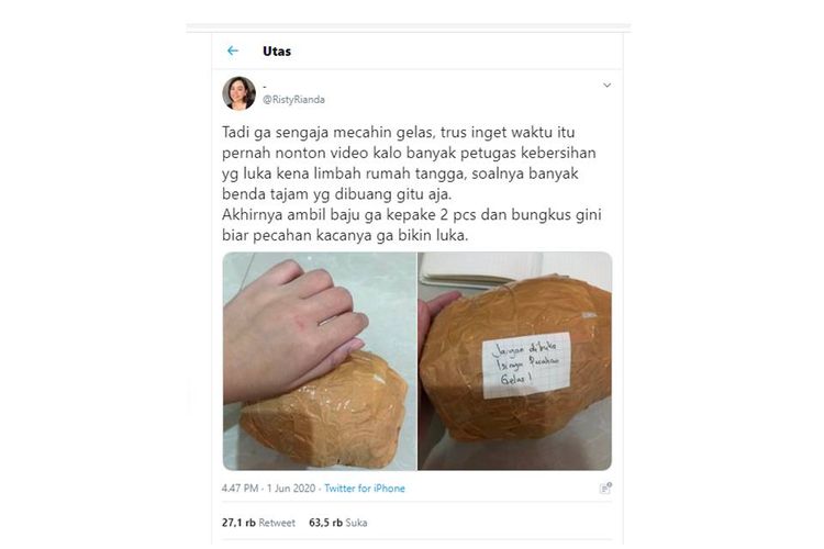 Tangkapan layar thread Twitter soal cara membuang sampah kaca