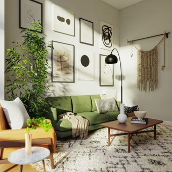 Ilustrasi ruang keluarga dengan pencahayaan alami dan hiasan dinding.