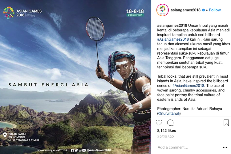 Unsur tribal terinspirasi dengan beberapa budaya di Asia Tenggara dengan model membawa raket bulu tangkis sebagai representasi dari olahraga bulu tangkis. Latar belakang wisata Indonesia, Pulau Padar, TN Komodo, NTT.