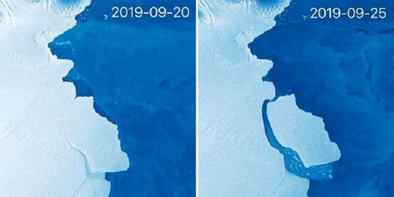 Penampakan gunung es D28, seberat 315 miliar ton, yang terlepas dari daratan Antarktika.