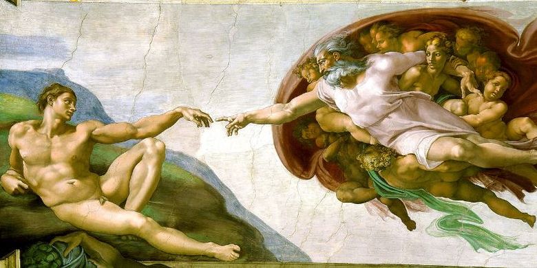 Inilah lukisan Penciptaan Adam karya Michelangelo di atap Kapel Sistine, Vatikan.