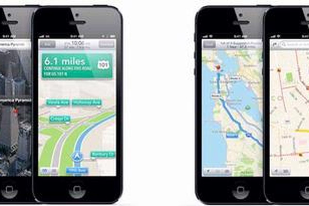 iPhone 5 menunjukkan berbagai tampilan aplikasi Maps.