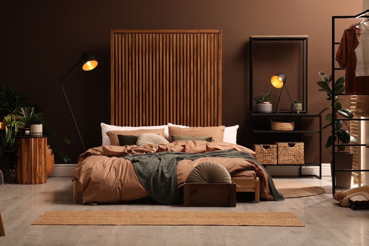 Ilustrasi kamar tidur dengan nuansa warna coklat. 