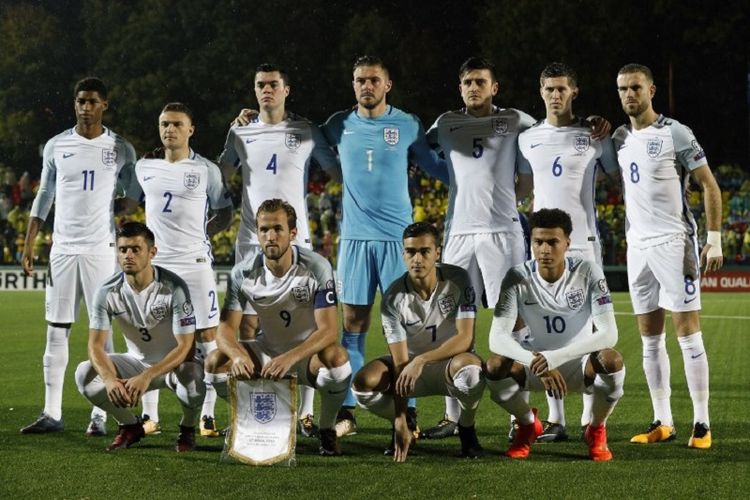 Skuad timnas Inggris saat melawan Lithuania di Vilnius pada 8 Oktober 2017.  