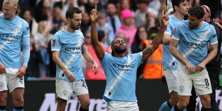 Antoine Semenyo merayakan gol dalam pertandingan sepak bola final Piala FA antara Chelsea vs Manchester City di Stadion Wembley di London, pada 16 Mei 2026. (Foto oleh Adrian Dennis / AFP)