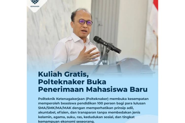 Beasiswa D3 dan D4, kuliah gratis di Polteknaker, Politeknik milik Kemnaker. 