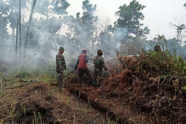 Prajurit TNI Koramil 06/Sukajadi dan tim Manggala Agni Daops Pekanbaru memadamkan api yang mendekati permukiman warga di Jalan Handayani, Kelurahan Air Hitam, Kota Pekanbaru, Riau, Rabu (11/9/2019).