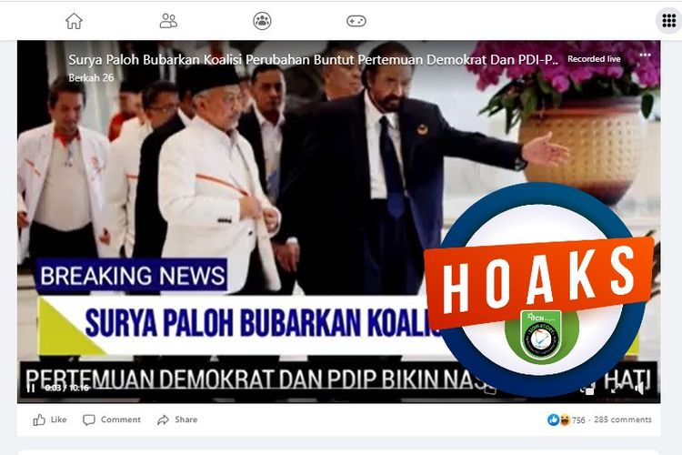 Tangkapan layar Facebook narasi yang menyebut Surya Paloh membubarkan Koalisi Perubahan untuk Persatuan