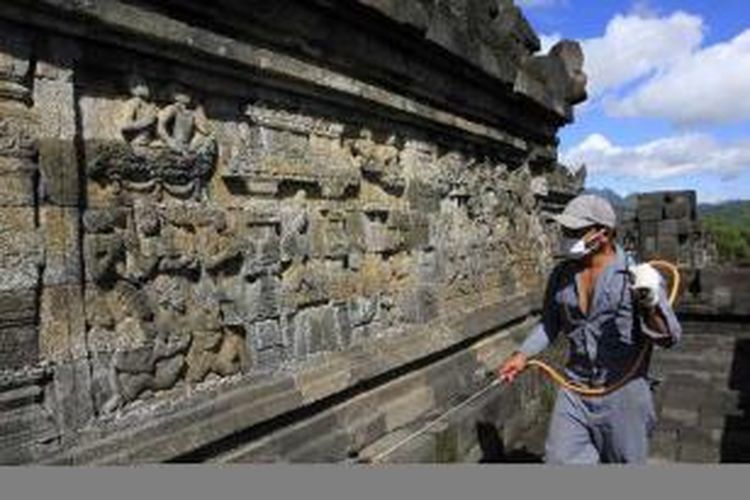 Wadirman, menyemprotkan cairan herbisida ke relief Candi Borobudur di Magelang, Jawa Tengah, Selasa (25/5/2010). Ia bertugas membersihkan candi dari serangan lumut yang dapat merusak batu candi. Pembersihan candi dilakukan secara berkala untuk menjaga kekuatan batu. Penyemprotan dengan cairan seperti ini dilakukan tiga kali dalam setahun.  