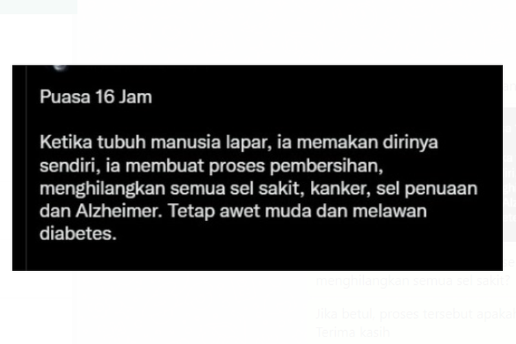 Tangkapan layar unggahan soal puasa 16 jam yang bisa menghilangkan semua sel penyakit beredar di media sosial pada 30 Juni 2022.