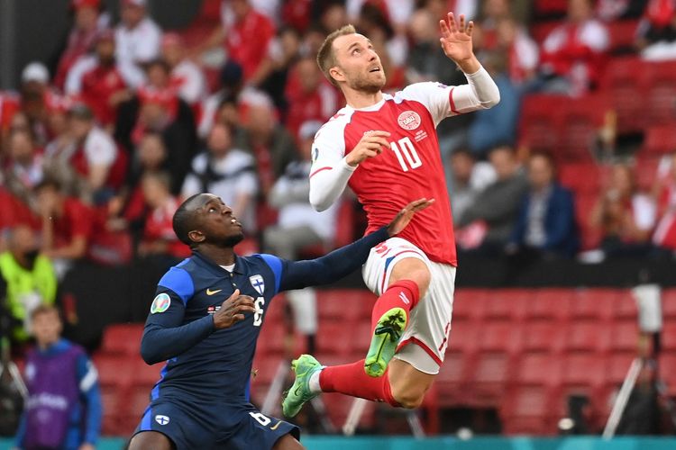 Gelandang Denmark, Christian Eriksen, pada laga pembuka Grup B Euro 2020 kontra Finlandia di Stadion Parken, Kopenhagen, (13/6/2021) malam WIB.