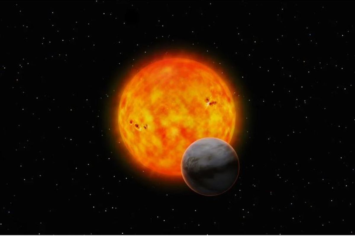 Gambaran artis terhadap GJ 1214 b lewat di depan bintangnya. ?Mode transit? memungkinkan para astronom mempelajari sebuah planet di luar tata surya dengan melihat panjang gelombang cahaya mana yang meredup ketika cahaya bintang melewati atmosfer planet itu.  