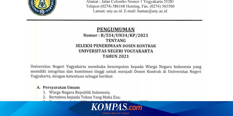 Lowongan Kerja Dosen Kontrak Uny 2021 Simak Syarat Dan Cara Daftarnya Halaman All Kompas Com
