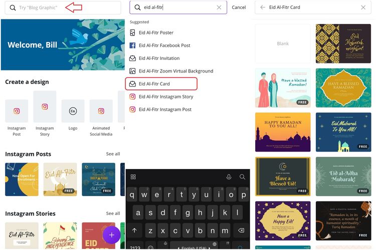 Cara memakai template kartu ucapan lebaran di aplikasi Canva.
