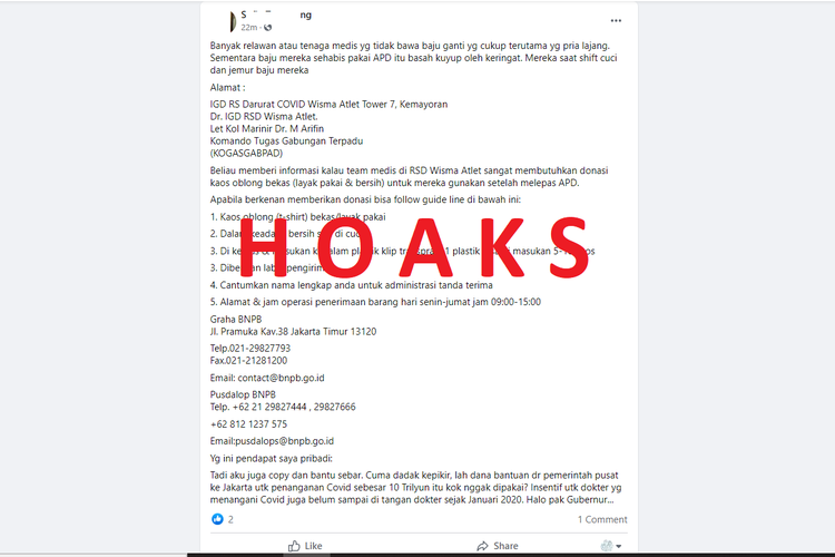 Informasi donasi kaus oblong menyebar di media sosial. Donasi ini disebut untuk relawan dan tenaga medis. Informasi ini tidak benar alias hoaks.