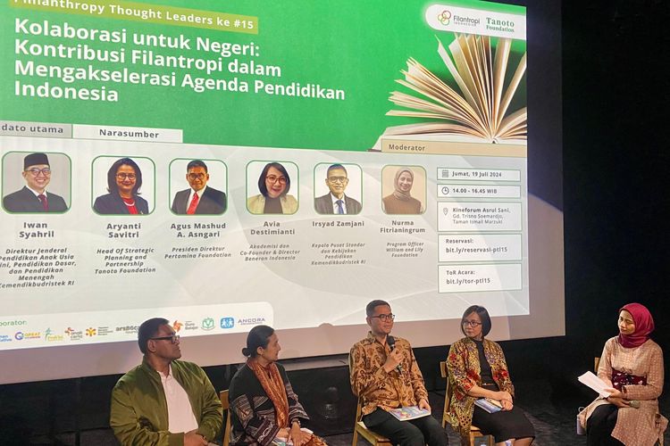 Perhimpunan Filantropi Indonesia (PFI) bersama Tanoto Foundation dan Klaster Filantropi Pendidikan menyelenggarakan peluncuran buku yang dikemas melalui Philanthropy Thought Leaders (PTL) ke-15 dengan judul ?Kolaborasi untuk Negeri: Kontribusi Filantropi dalam Mengakselerasi Agenda Pendidikan Indonesia? di Gedung Trisno Soemardjo, Taman Ismail Marzuki, Jakarta pada Jumat (19/7/2024). 
