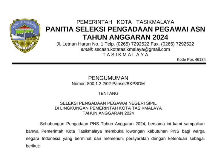 Pengumuman seleksi dan formasi CPNS 2024 di Lingkungan Pemerintah Kota Tasikmalaya.