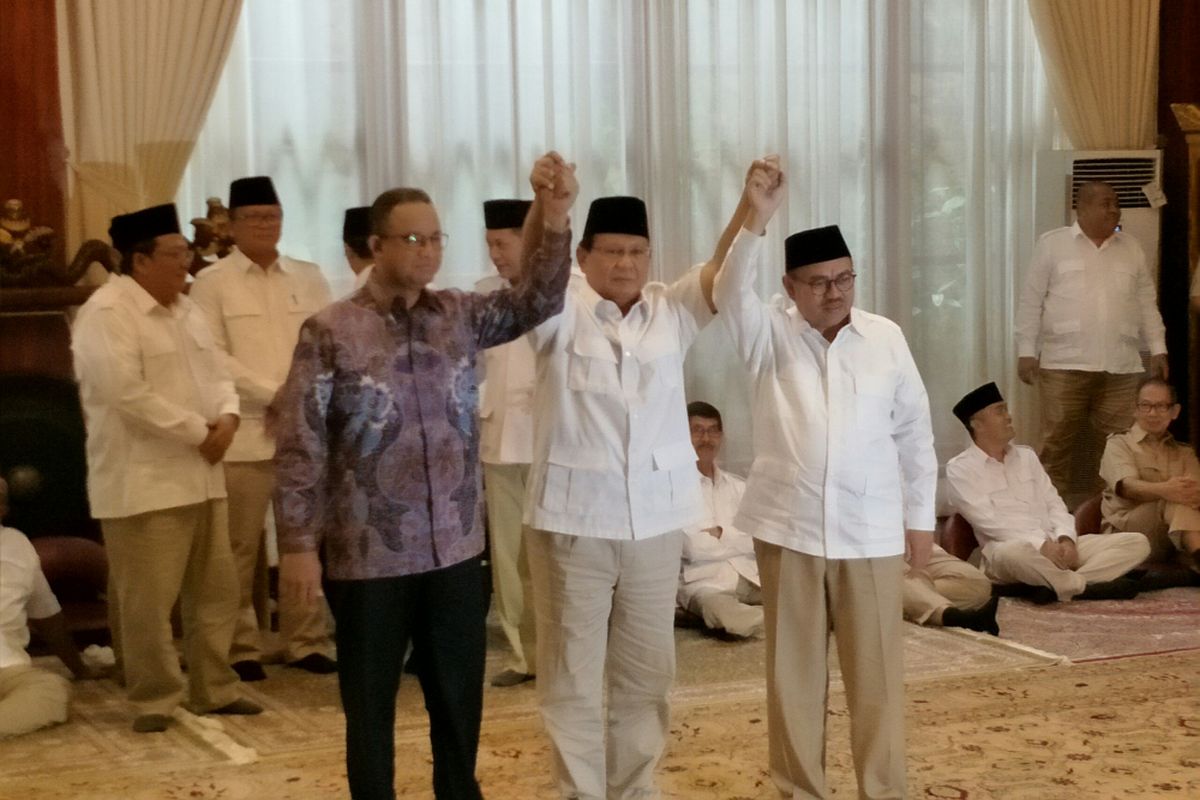 Prabowo Subianto, Anies Baswedan, dan Sudirman Said saat mendeklarasikan Sudirman sebagai Cagub Jawa Tengah